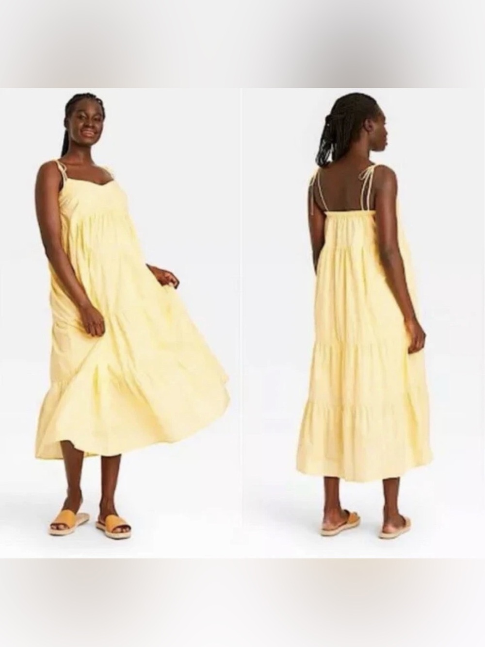 The Nines by Hatch Yellow Tiered Midi Dress with Tie Straps